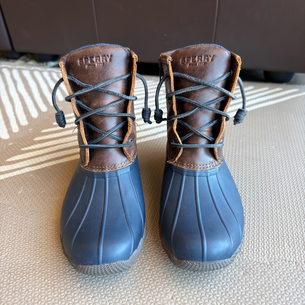 SOLD Sperry Topsider Rain Navy and Brown Rain Boots